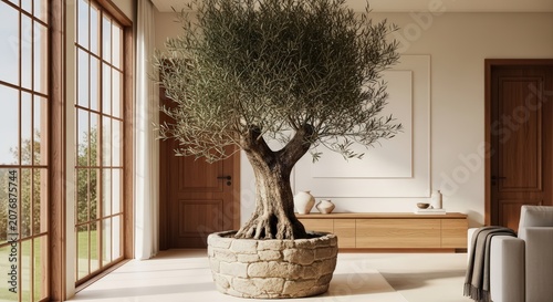 Majestic indoor olive tree in a rustic stone planter, central to a spacious, sunlit modern living room with large windows and elegant wooden furniture.