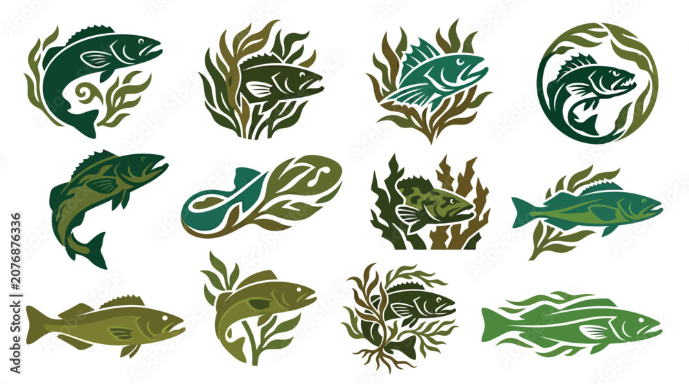 Fototapeta premium Collection of stylized fish illustrations with aquatic plants, suitable for emblems and icons.