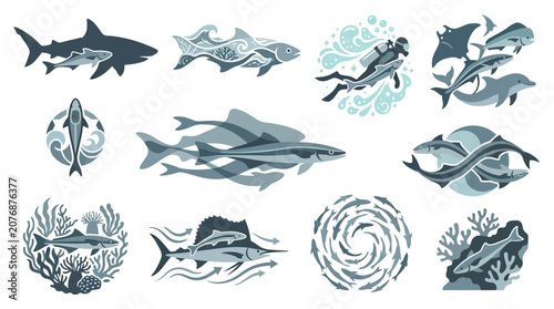Tableau sur toile Collection of stylized marine life and underwater scenes, including sharks, fish, dolphins, divers, and coral reefs