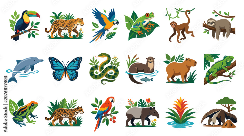Obraz premium Amazon Rainforest Wildlife Icons Set. Tropical Animals and Jungle Fauna in Flat Vector Illustration Style.