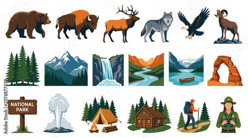 National Park Flat Vector Illustration Set: Wildlife, Landscape, Camping, Hiking  Ranger Elements