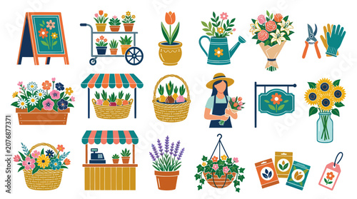 Flat Design Vector Icons of Flowers, Garden Tools, and Flower Shop Items