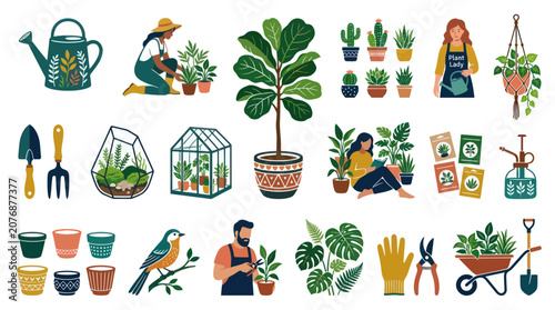 Flat Vector Gardening  Houseplant Care Illustration Set: Tools, Potted Plants, Gardeners  Greenhouse
