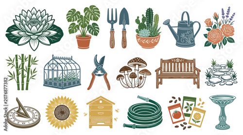 Charming Garden  Outdoor Items Vector Illustration - Flowers, Tools, Furniture, and More