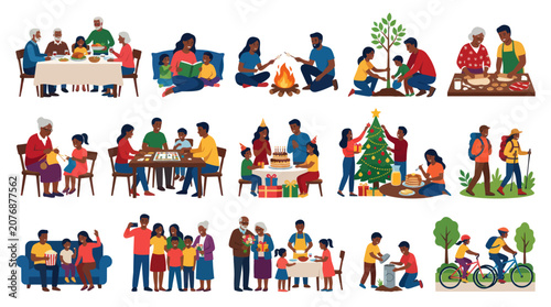 Flat Vector Illustration of African American Multi-Generational Family Lifestyle Activities  Togetherness