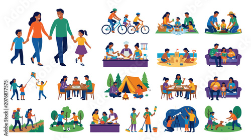 Diverse Families Enjoying Outdoor  Indoor Activities, Flat Vector Art
