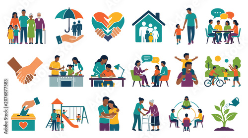 Diverse Family  Community Care Icons - Flat Style Vector Art