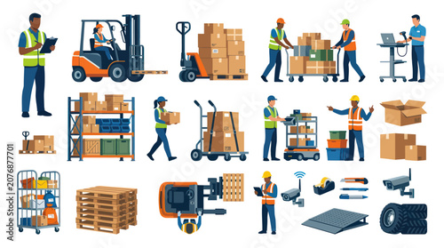 Flat Style Logistics  Warehousing Icons: Forklift, Pallets, Workers, Boxes