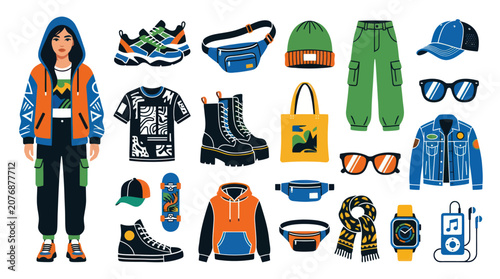 Flat Style Vector Icon Set: Urban Streetwear Fashion and Accessories