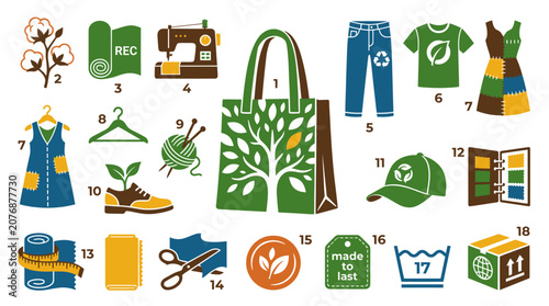 Sustainable Fashion and Textile Industry Flat Vector Icons Set for Eco-Friendly Apparel Production