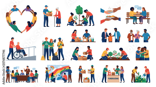 Flat Vector Illustrations of Community Service and Volunteering Activities