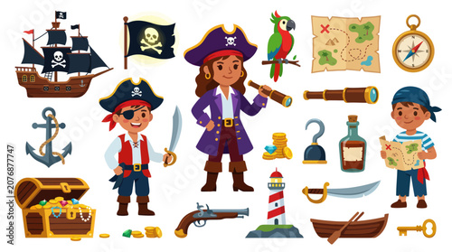 Kids Pirate Adventure Vector Collection: Flat Cartoon Illustration Set with Characters, Ship, Treasure, Map