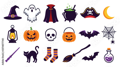 Spooky Halloween Flat Design Vector Icons Set with Holiday Celebration Elements and Objects
