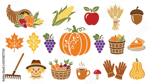 Stylized Flat Vector Autumn Harvest Icons Set - Fall Season  Thanksgiving Elements Collection