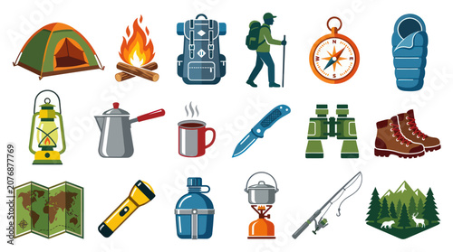 Outdoor Camping and Hiking Gear Flat Vector Icons Set for Adventure Travel and Wilderness Recreation