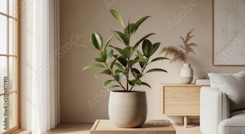 Healthy Ficus elastica (rubber plant) in a stylish ceramic planter, placed on a light wooden table within a serene, minimalist modern interior.