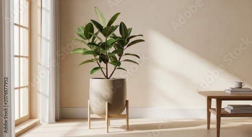 Vibrant rubber plant (Ficus elastica) in a modern ceramic planter with a wooden stand, positioned by a bright window in a minimalist interior.
