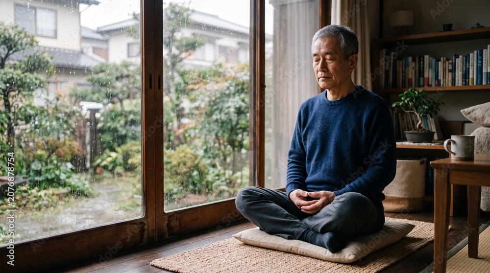 Fototapeta premium Senior man meditating peacefully on a cushion by a large window at hom