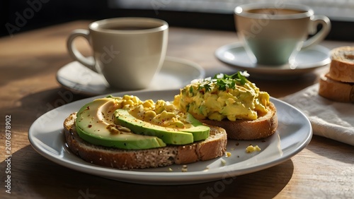 Healthy Avocado Toast with Creamy Scrambled Eggs and Coffee for Fresh Morning Breakfast