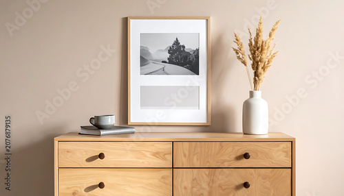 Wooden picture frame mockup with landscape print on wooden chest, dried flowers and coffee cup, interior home decor styling