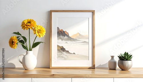 Wooden picture frame with mountain landscape illustration near yellow daisy flowers and succulent on a rustic table