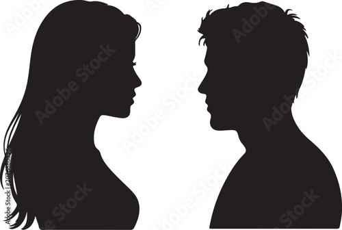 Black silhouettes of a man and woman facing each other side profile