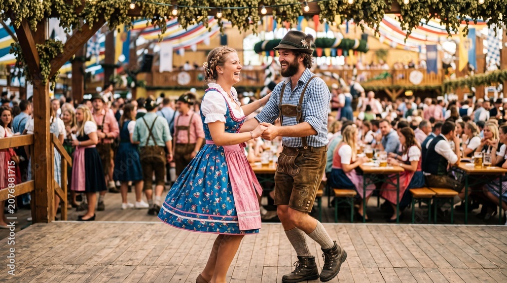 Obraz premium Happy couple in traditional dirndl and lederhosen dancing at Oktoberfest