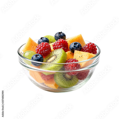 Assortment of fresh fruits displayed in a clear glass bowl on a white surface