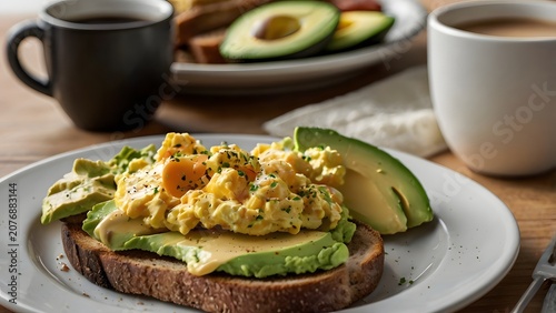 Healthy Avocado Toast with Creamy Scrambled Eggs and Coffee for Fresh Morning Breakfast
