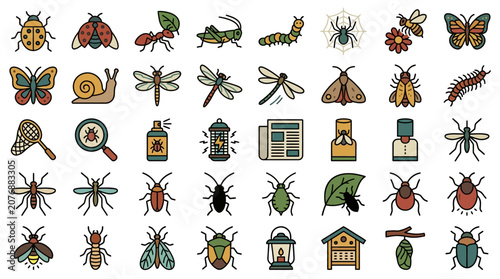 Canvastavla A collection of various insects and bugs are shown in an illustration with a magnifying glass and a house