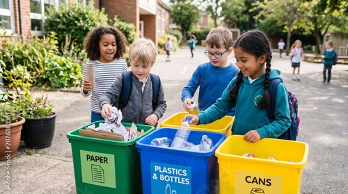 Diverse group of elementary students recycling waste in school playground
