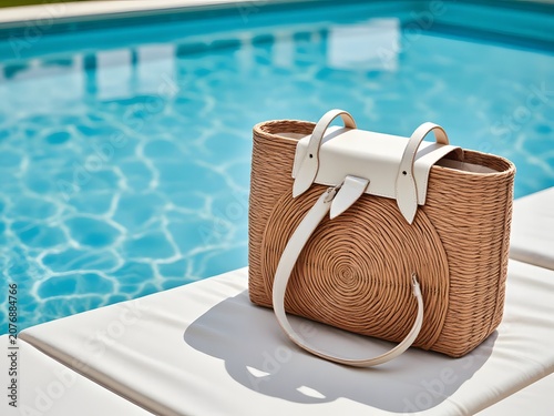 Wicker beach bag with towel on poolside edge in bright sunlight