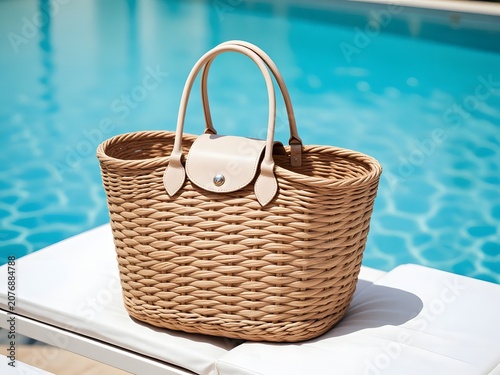 Woven Straw Handbag by Swimming Pool