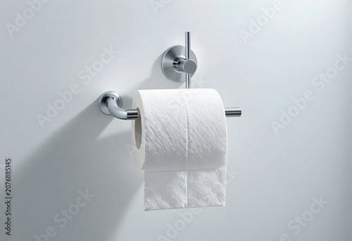 Toilet paper roll on metal holder, bathroom hygiene