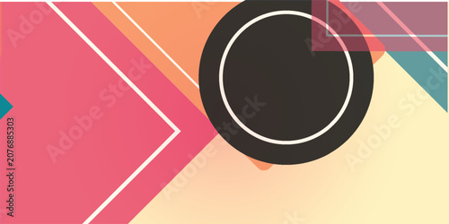 Abstract geometric background with vibrant shapes and a prominent dark circle.