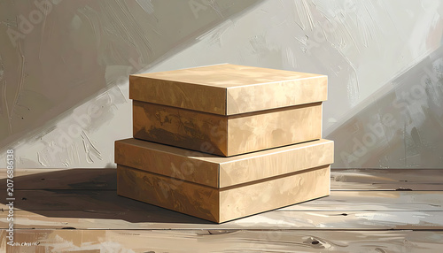 Two stacked cardboard delivery boxes on rustic wooden surface, shipping and parcel logistics, brown paper packaging, textured surface