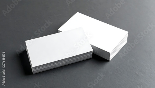 Two stacks of blank white business cards on a dark grey surface for corporate branding identity mockup