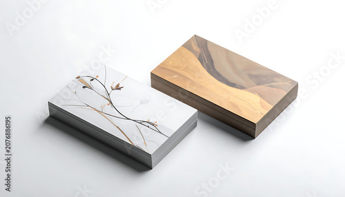 Two stacks of textured business cards featuring marble and wood grain patterns on a neutral surface, branding and corporate identity mockup