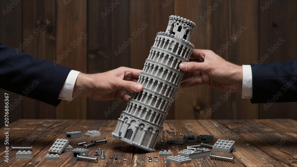Obraz premium Two hands assemble a tilted Lego Leaning Tower of Pisa on wooden surface.