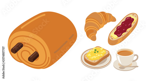 Bild auf Leinwand Collection of French breakfast brunch including pain au chocolat loaf, croissant au beurre, tartine beurre confiture, oeufs brouillés toast, café au lait cup