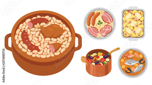 Foto Collection of French regional specialty including cassoulet bean pot, choucroute garnie platter, tartiflette potato bake, ratatouille vegetable stew, bouillabaisse marseille bowl