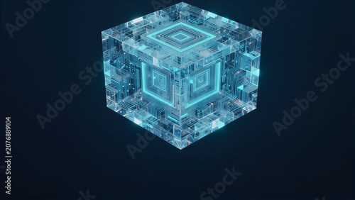 A glowing blue cube with intricate circuit patterns, floating in a dark space.