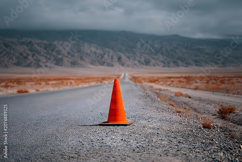 Road cone stands alone on empty highway surrounded by mountains and desert land during cloudy day