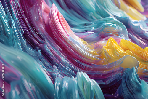 Waves of colorful paint swirl together on a textured surface in a close-up view