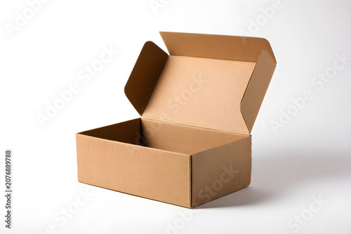 Empty cardboard box placed on a plain white background ready for packing or storage at any time