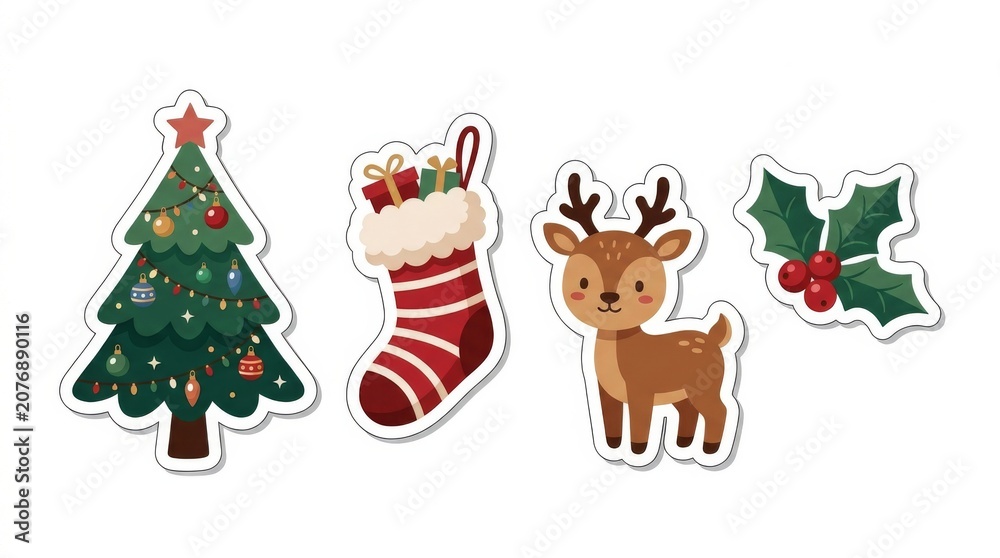 Naklejka premium Cute Christmas Sticker Set with Tree Stocking Reindeer and Holly