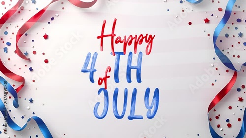 Red blue ribbons festive confetti holiday text independence day united states celebration greeting.