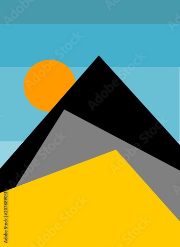 Minimalist geometric mountain landscape with orange sun and blue sky, flat design illustration in bold colors.