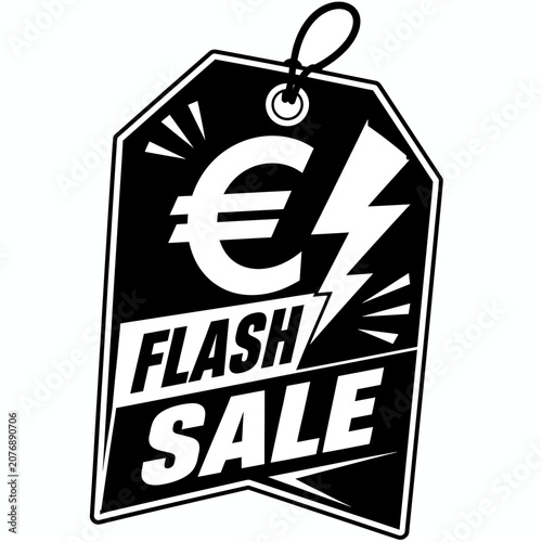 A black and white graphic tag for a flash sale, featuring a Euro symbol and a lightning bolt
