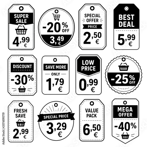 A collection of various sale tags, offering discounts, special prices, and best deals for shoppers. Each tag features a unique design and price point, enticing customers to purchase.